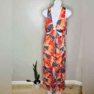 Guess Coral Pink Tropical Print Maxi Dress